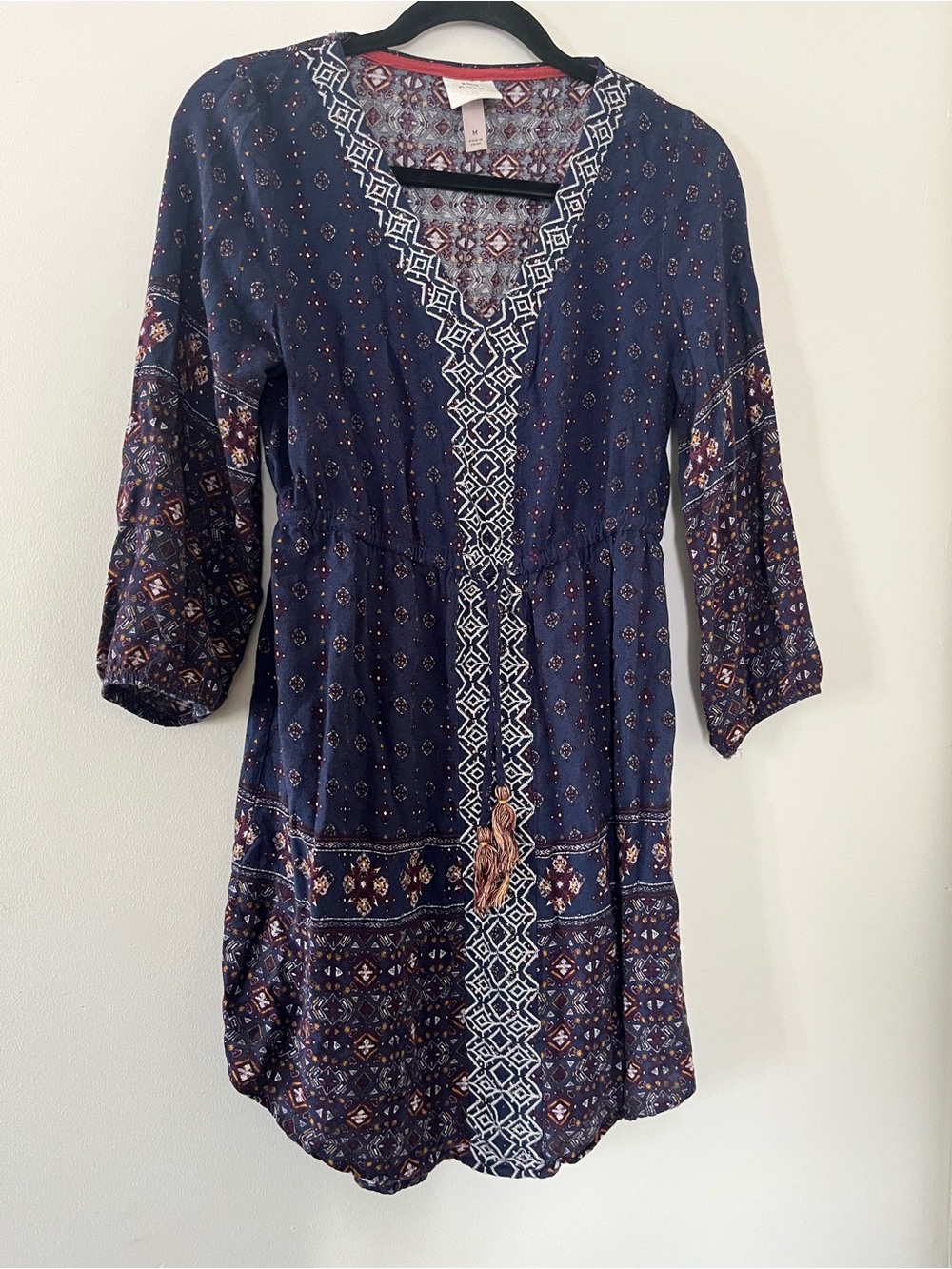 Knox Rose Boho Peasant Mini Dress Medium Blue Print Tassel Cottagecore Western